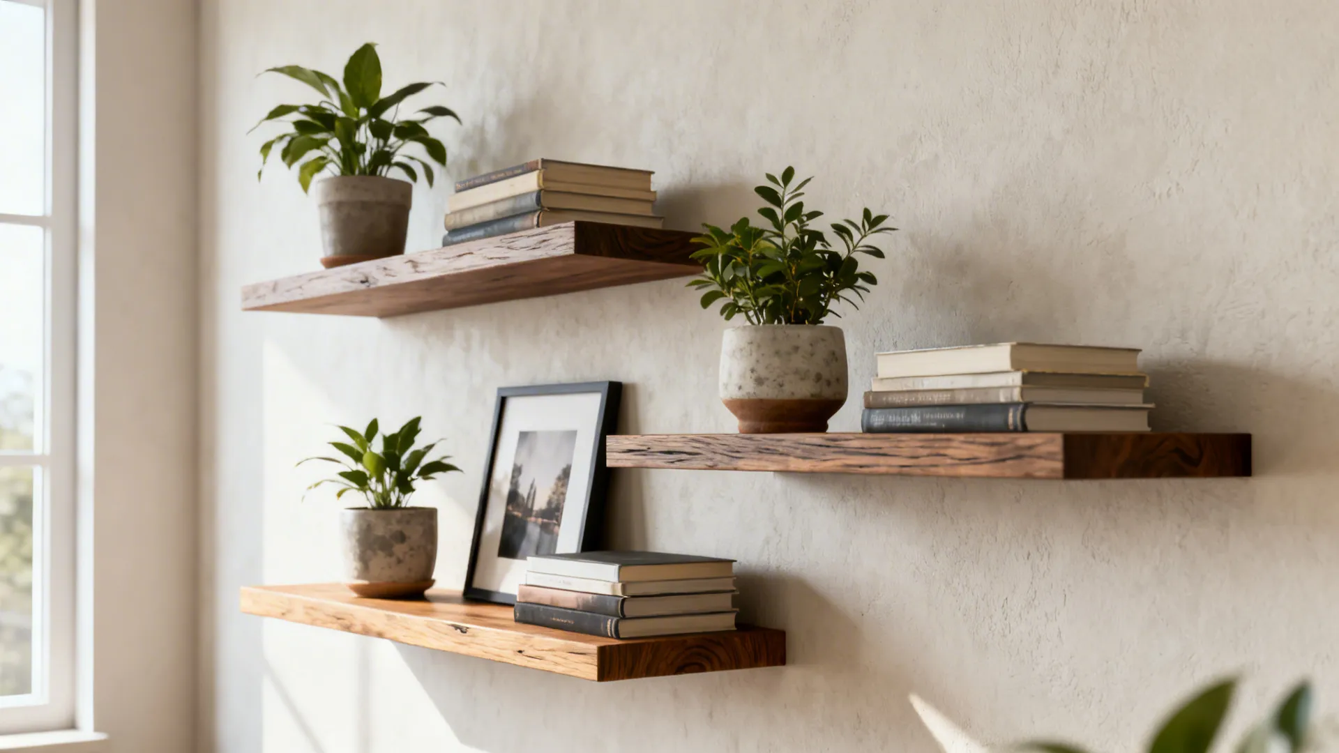 Staggered floating shelves on a pale wall holding plants, books and framed photos in a light modern corner.