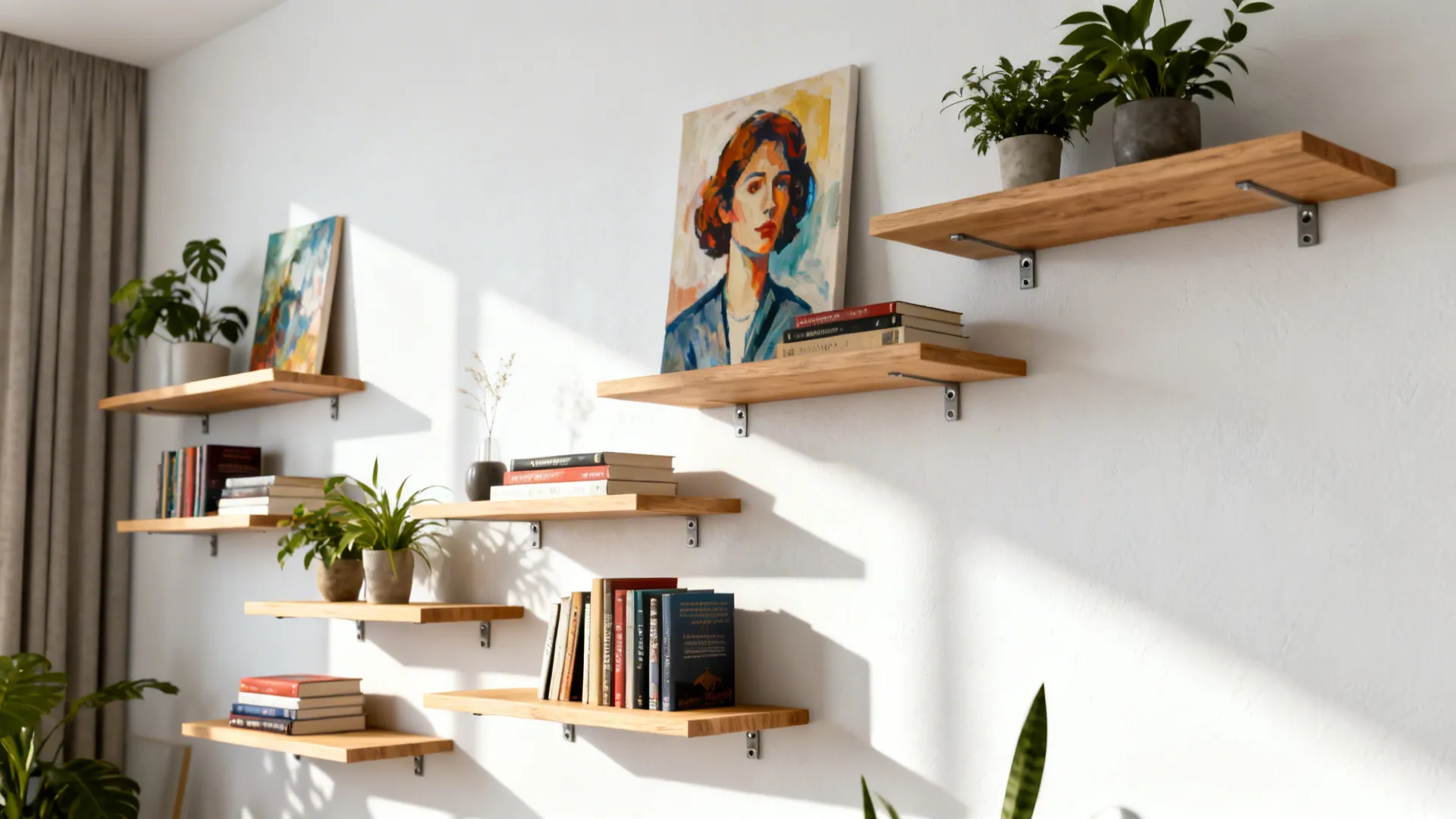 Modern white wall featuring staggered wooden floating shelves with books plants and colorful portrait art