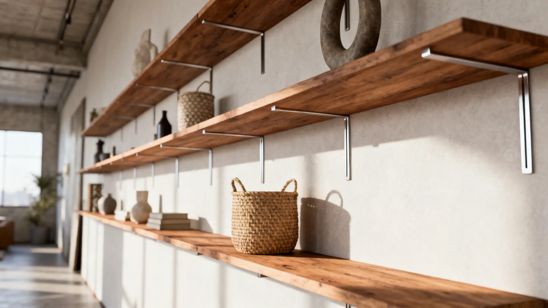 Floating staggered shelves with decorative items and baskets on a long wall