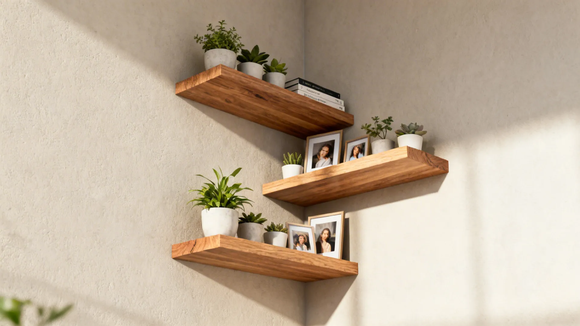 Staggered wooden corner wall shelves holding several small green potted plants and framed family photos