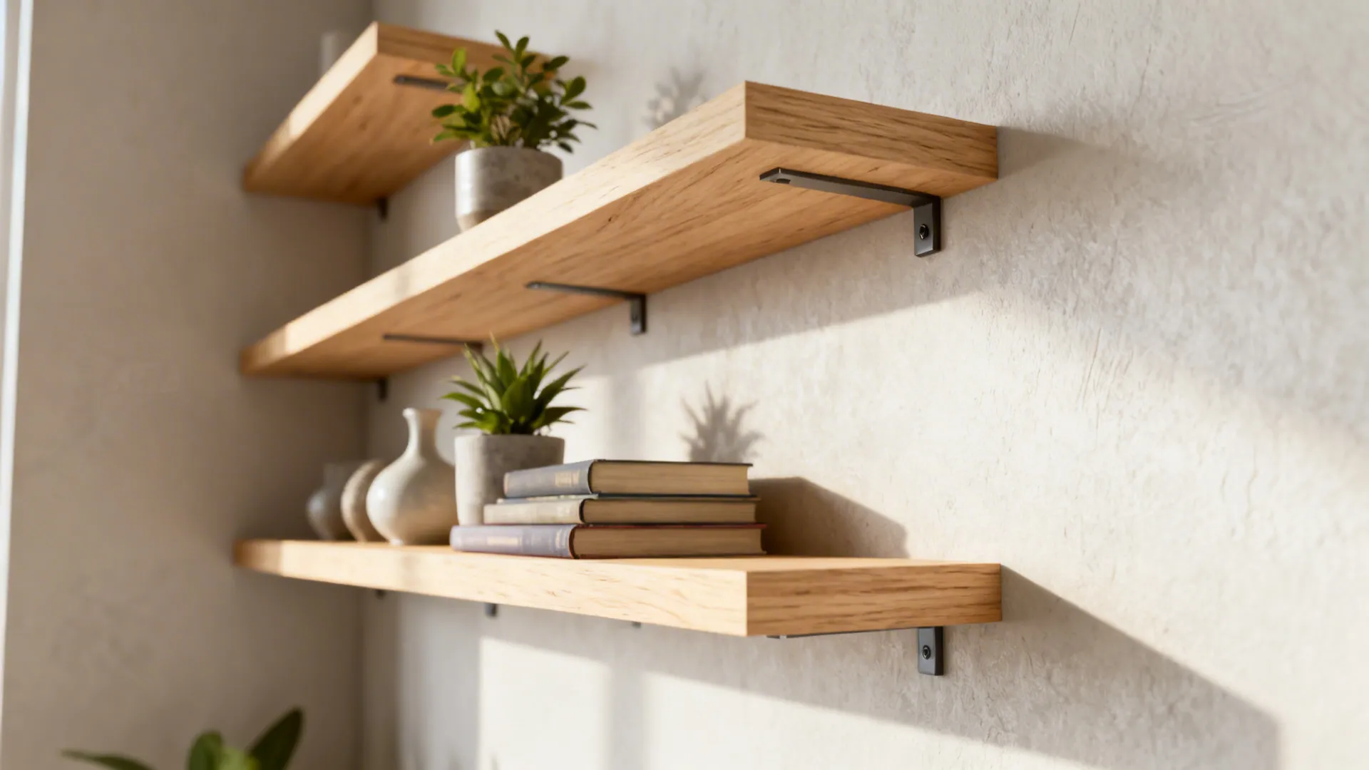 Three floating wooden shelves mounted on a wall with small potted plants and white vases
