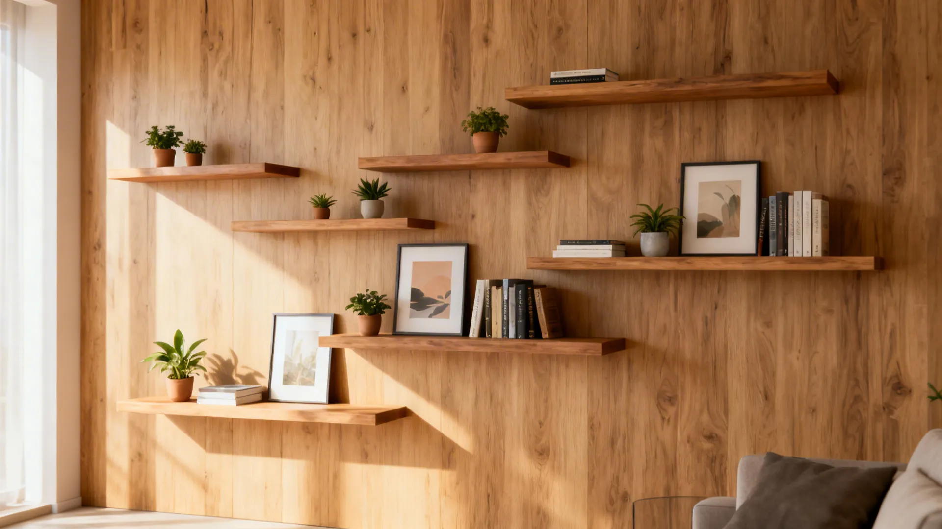 Floating staggered wooden shelves styled with plants, prints and books in a compact living room.