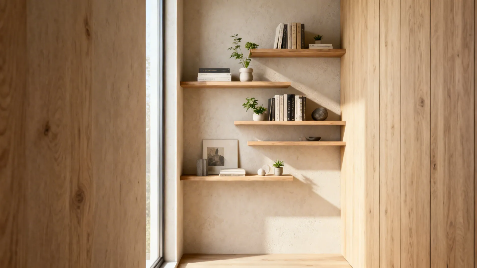 Staggered floating shelves on a light plaster wall holding books, plants and art objects.