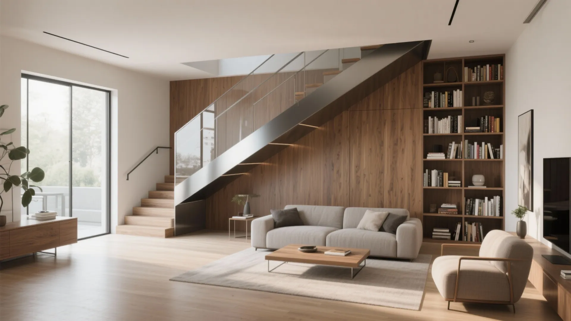 Modern living room with wooden wall panel staircase with glass railing and a large bookshelf