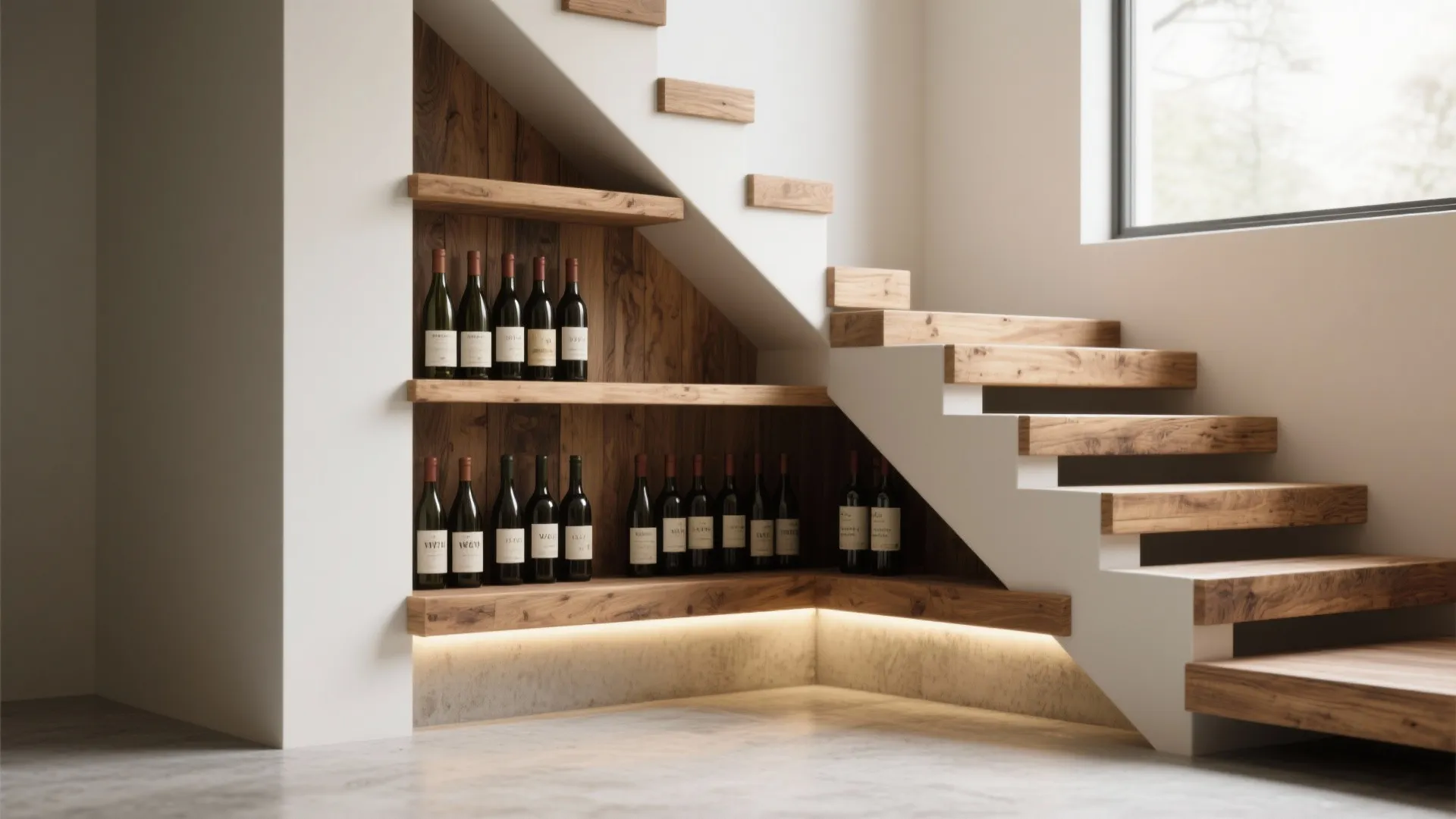 Modern wooden floating stairs with built in wine storage shelves and warm under step lighting