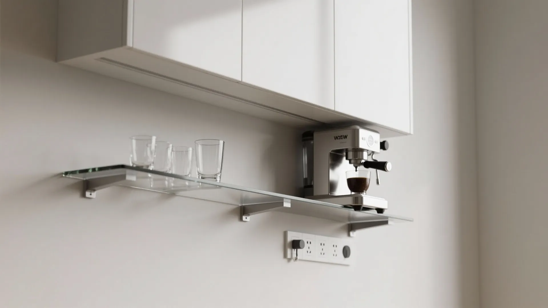 Modern kitchen with white cabinets, glass wall shelf, coffee machine, and small glass cups design