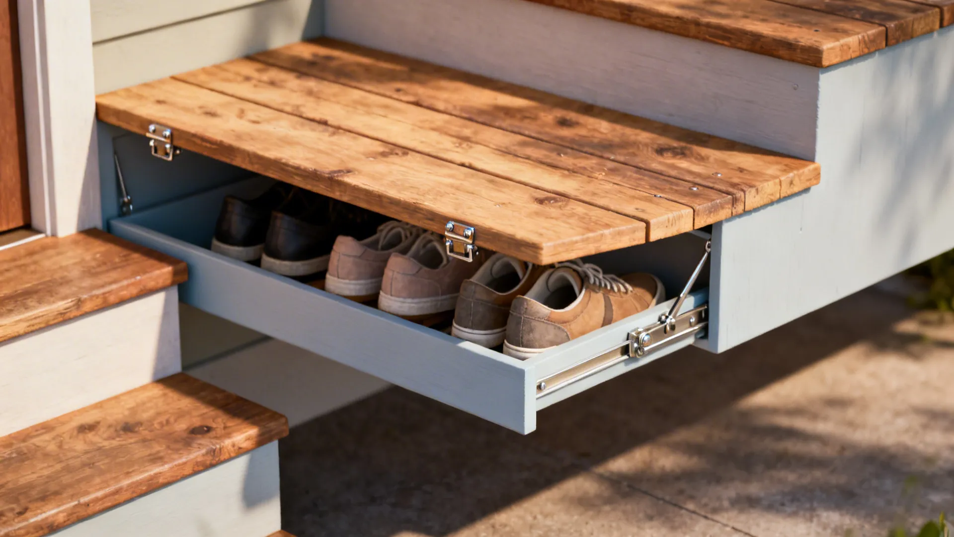Floating top step bench with hinged under-seat storage for shoes and umbrellas.