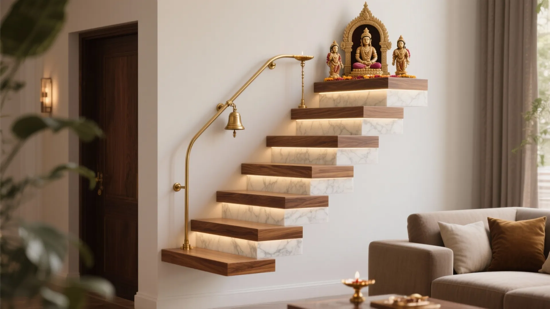 Floating wood and marble stairs with built-in lights leading to a small gold prayer altar