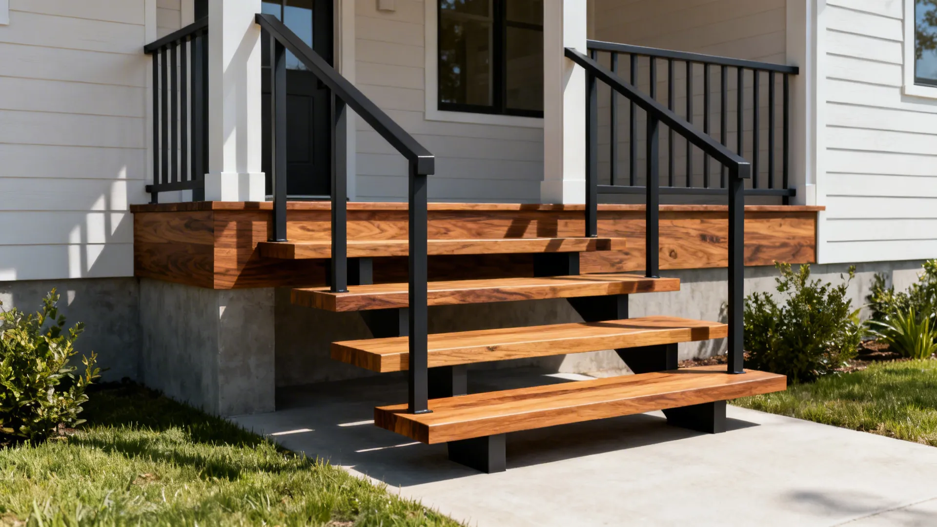 Floating open riser steps and slim powder-coated metal railings creating an airy approach.