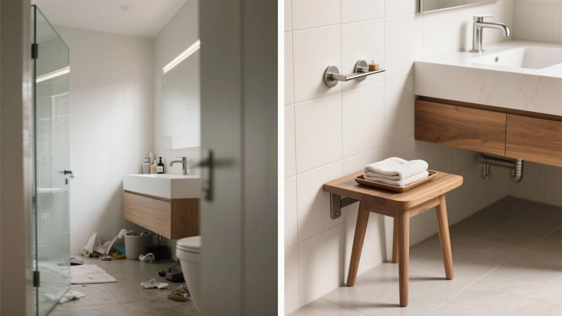 Before-and-after wall scene adding a floating stool near the vanity to clear floor space.