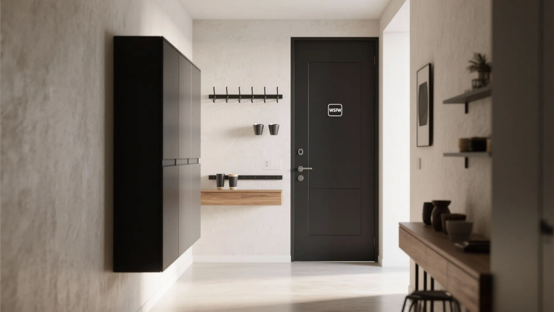 Modern entryway with black front door wall cabinet coat hooks and wood shelf for small items