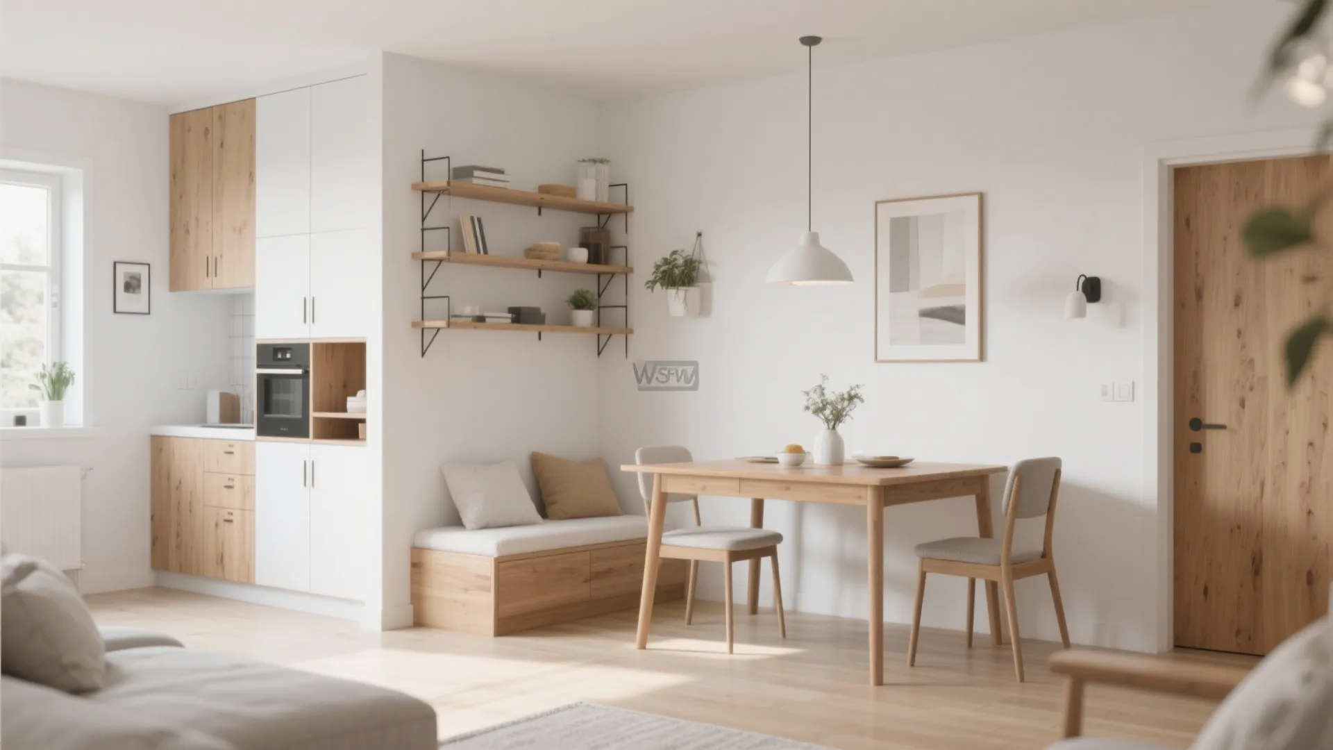 Wall-mounted storage units in small living dining space