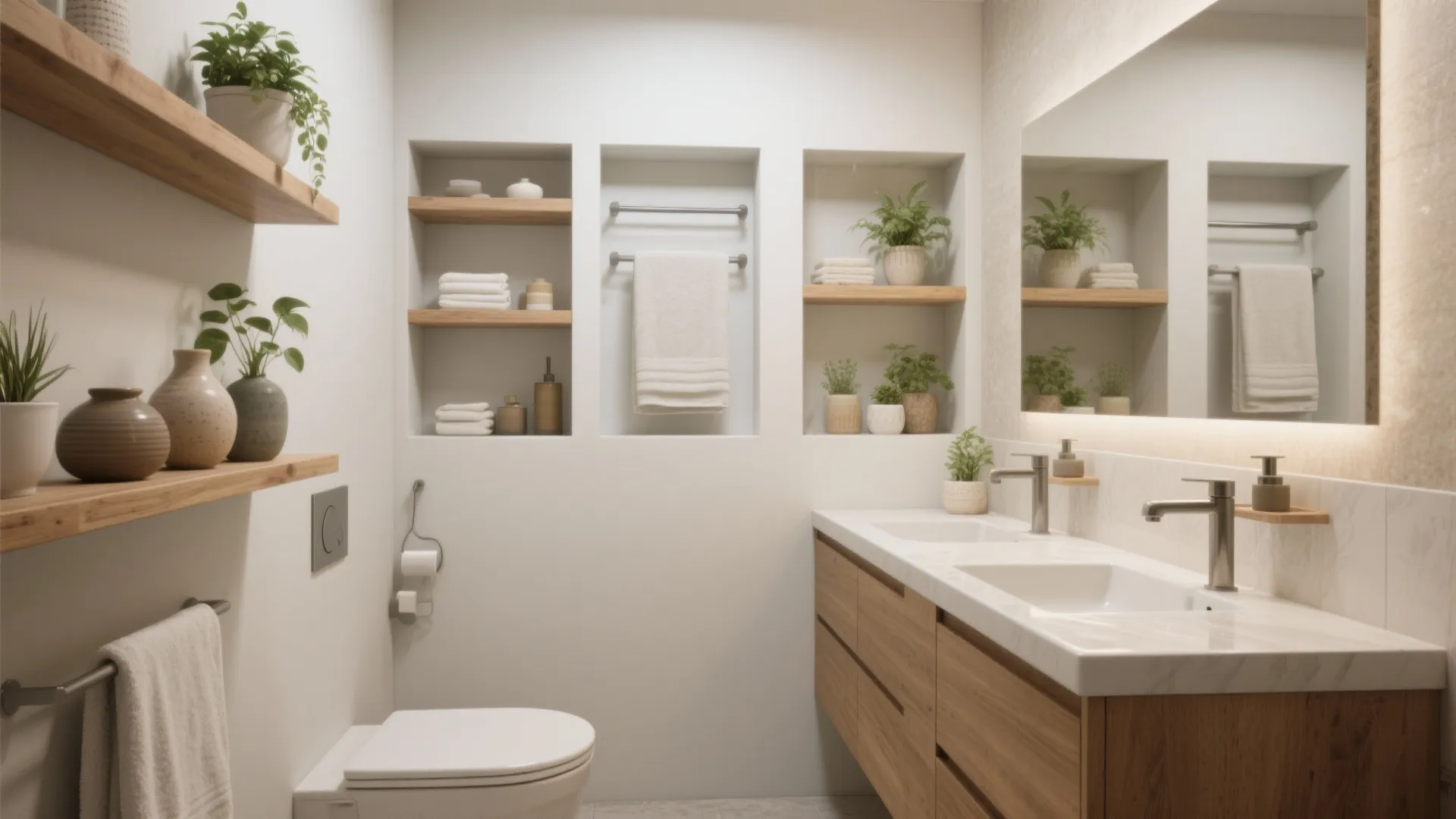 3. Floating storage: shelves, niches, and multi-use fixtures