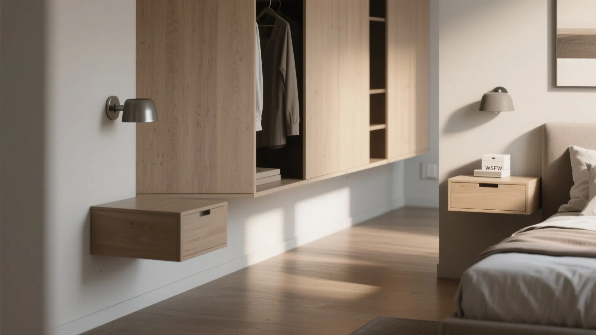 2. Floating storage and wall-mounted nightstands