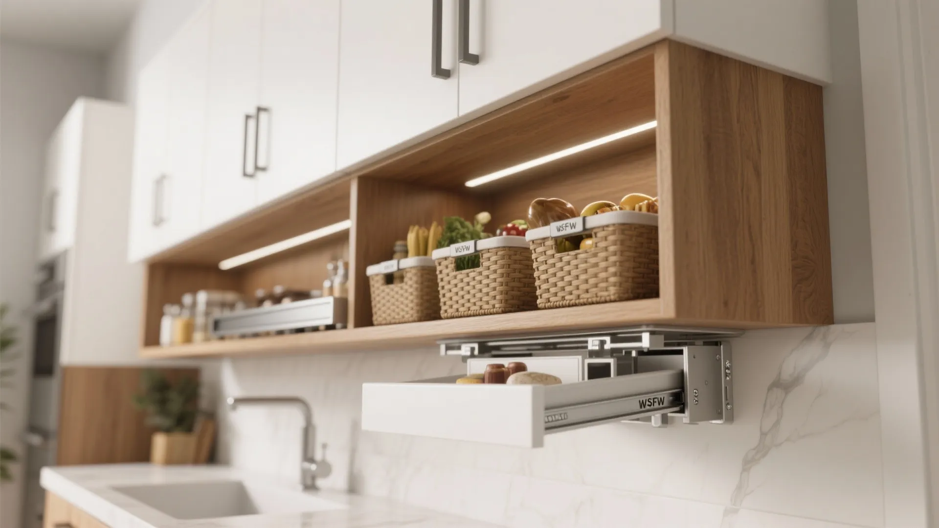 3. Floating storage, pull-out hampers, and under-sink organizers
