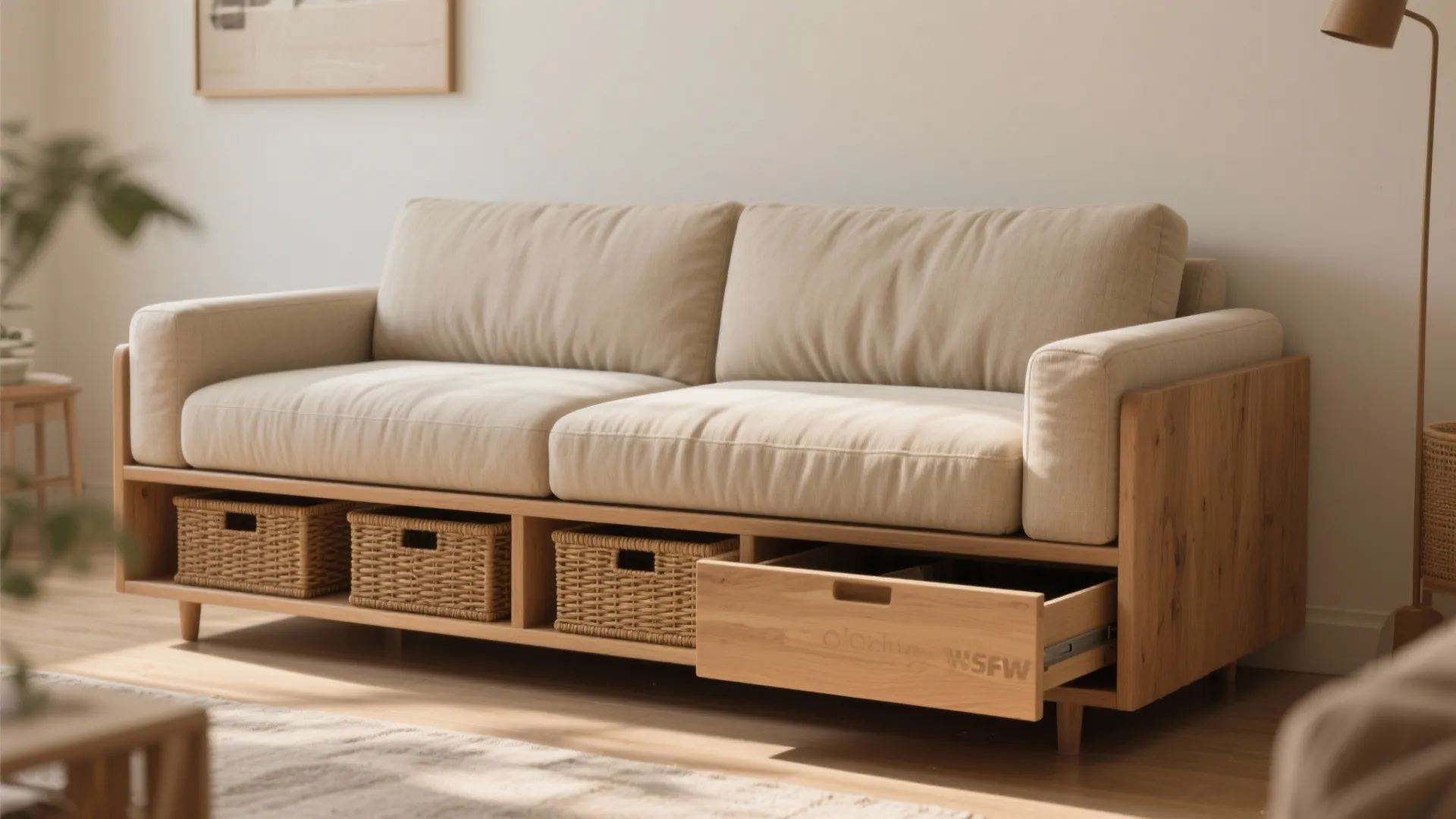 Loveseat floated from the wall with low console and woven baskets tucked behind for hidden storage.