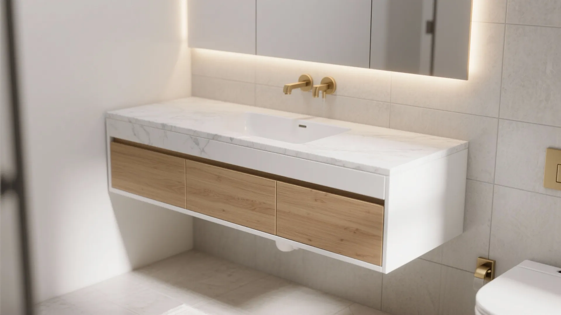 Modern floating bathroom sink with marble top gold faucets wooden drawers and a large mirror