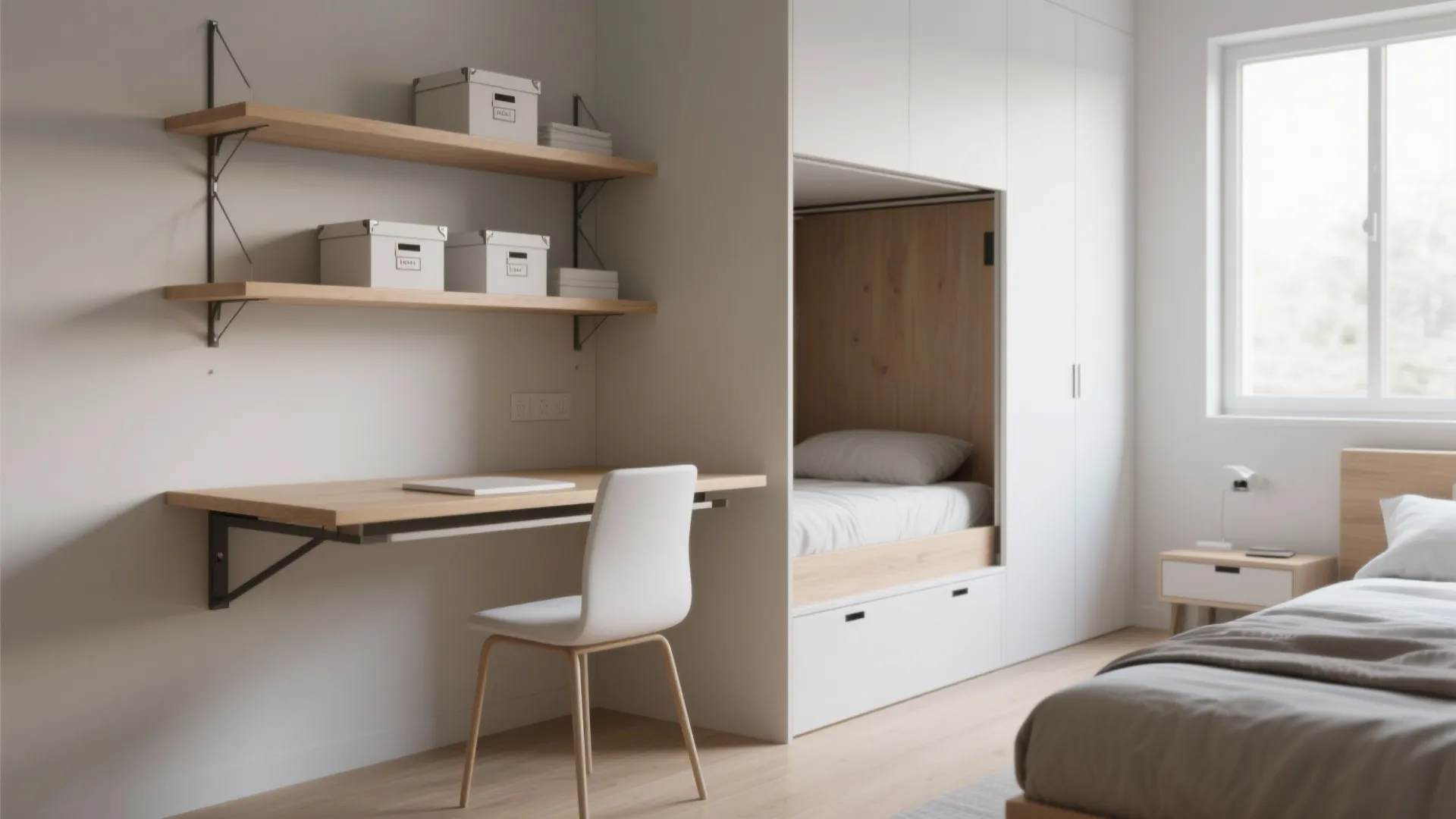 Floating shelves, wall-mounted desk and fold-down bed in a compact flexible bedroom-office