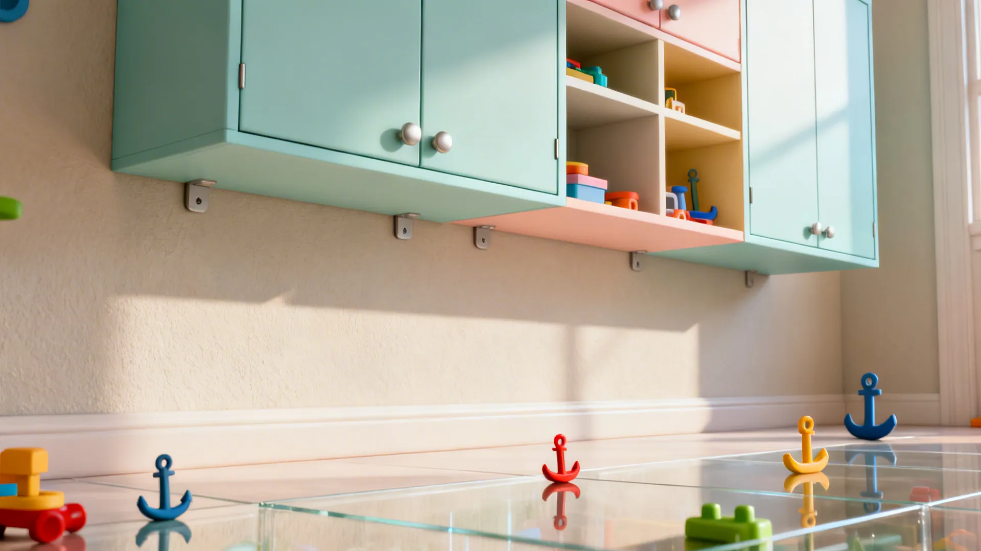 Matte pastel floating cabinets mounted on wall keeping the floor clear and toy-like.