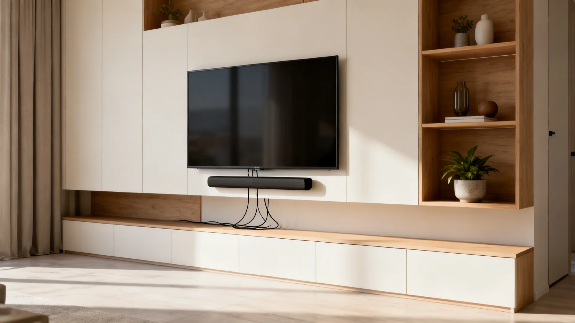 Floating wall-mounted media and storage units creating an airy, spacious small living room.