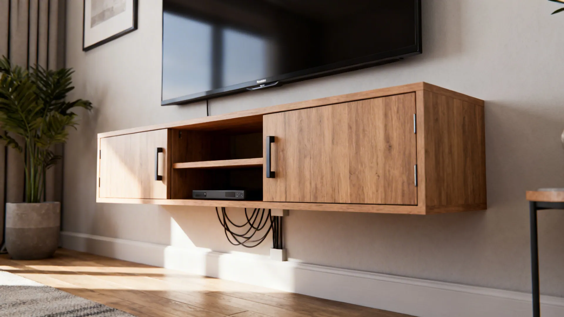 Slim wall-mounted floating media cabinet with hidden cable management in a compact living room.