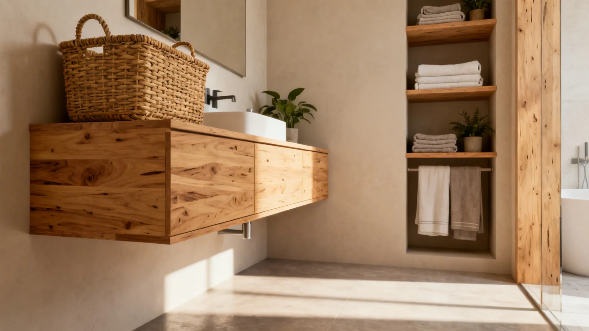 Floating plywood vanity and open wall shelves with baskets creating an airy small bathroom