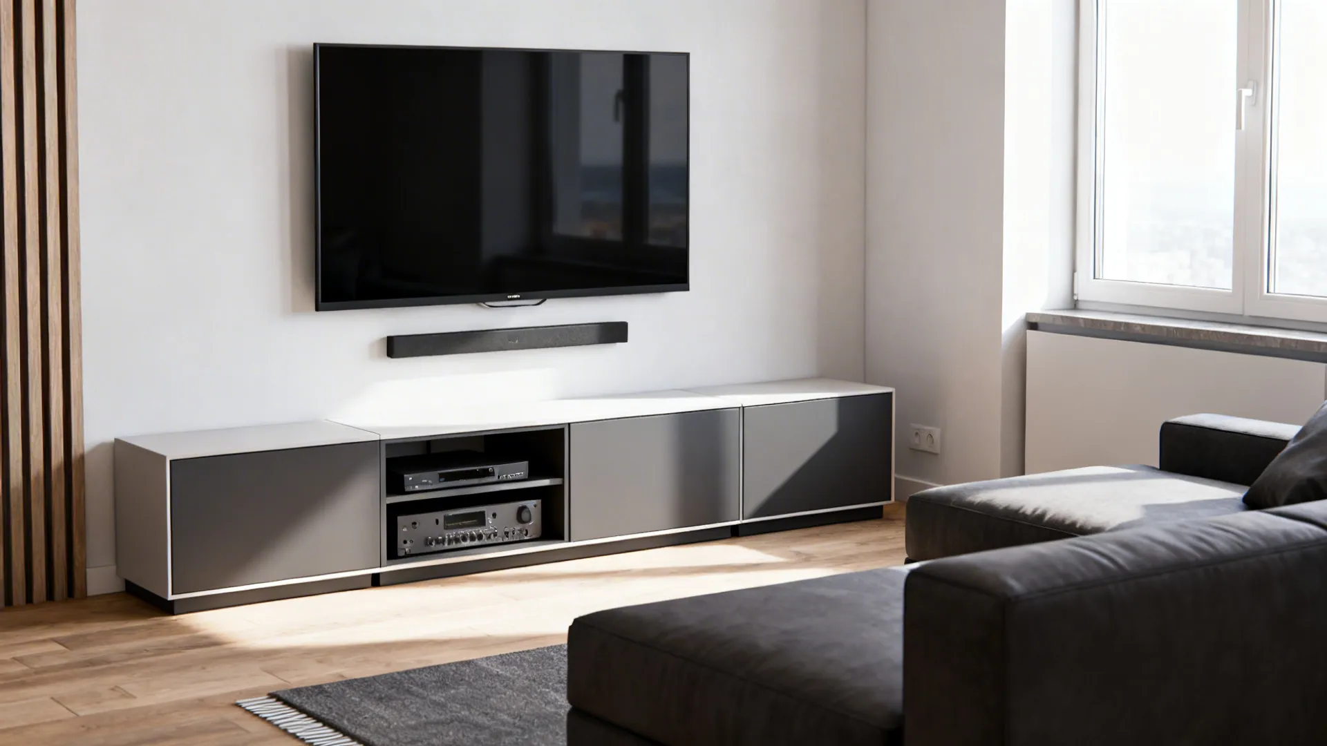 Compact living room with a wall-mounted TV above a low floating cabinet and slim sectional seating.