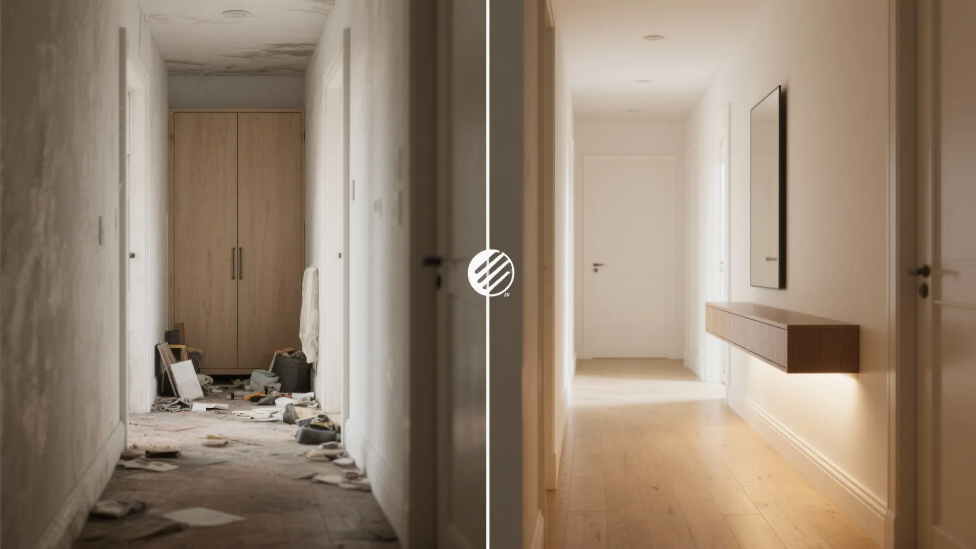 Before and after comparison of a messy hallway renovated into a clean modern minimalist corridor