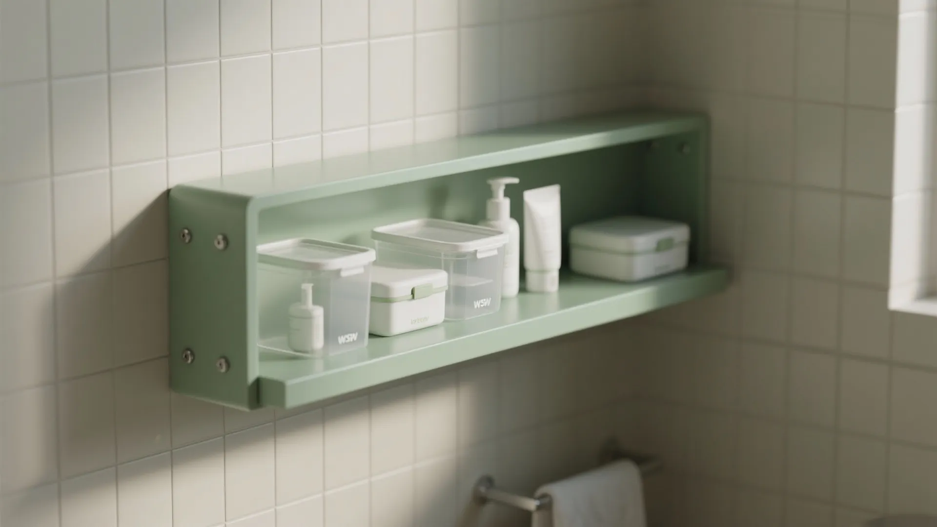 Green wall shelf with white storage boxes and bottles mounted on a light white wall