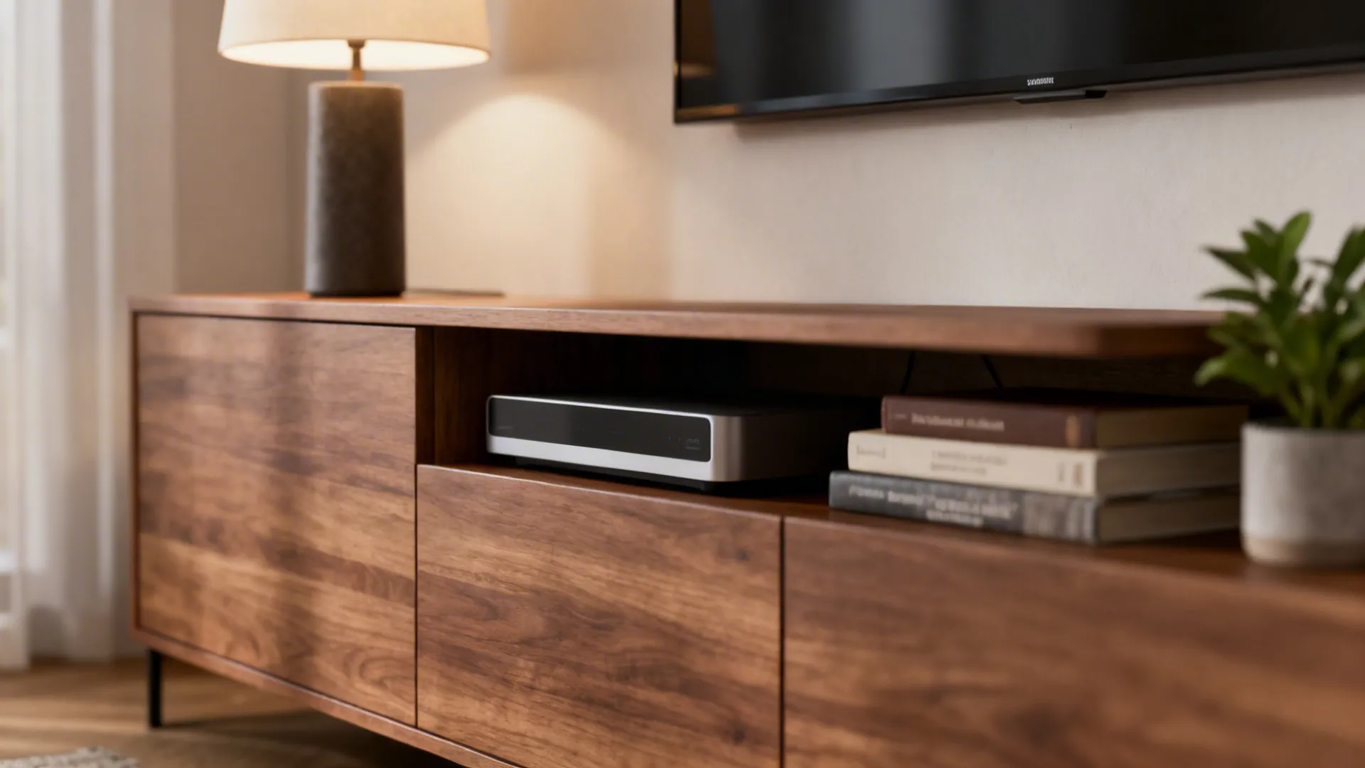 Low floating storage cabinet between living and dining areas with lamp and decor.