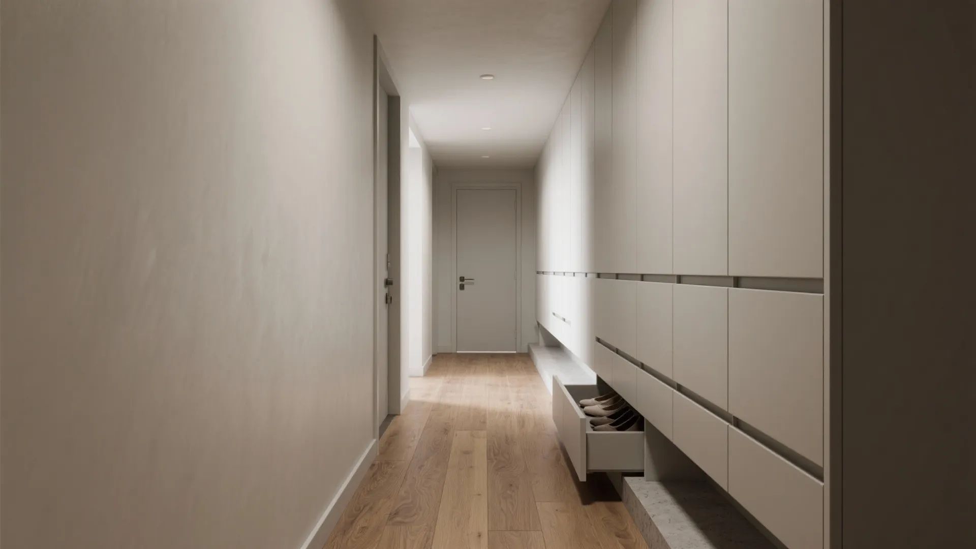 Slim floating wall cabinets in a narrow hallway with warm wood flooring and matte fronts.