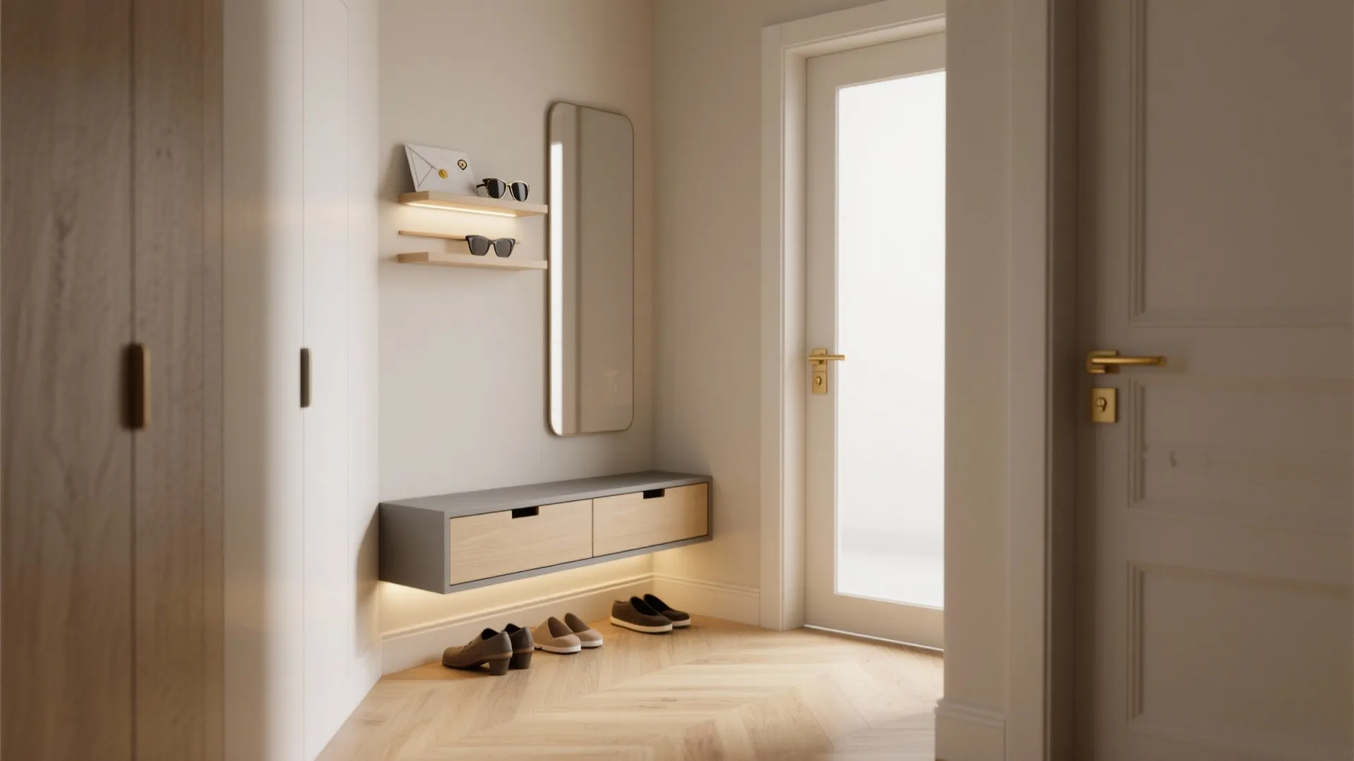Small hallway featuring floating wooden cabinet, lighted shelves, wall mirror, and shoes on wood floor