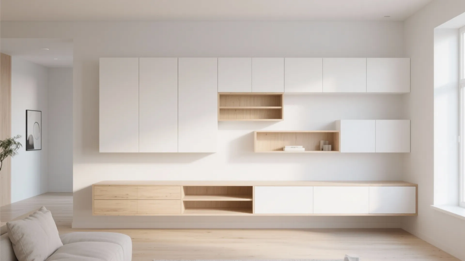 Minimalist living room wall with white and wood wall cabinet units and clean wood floor design