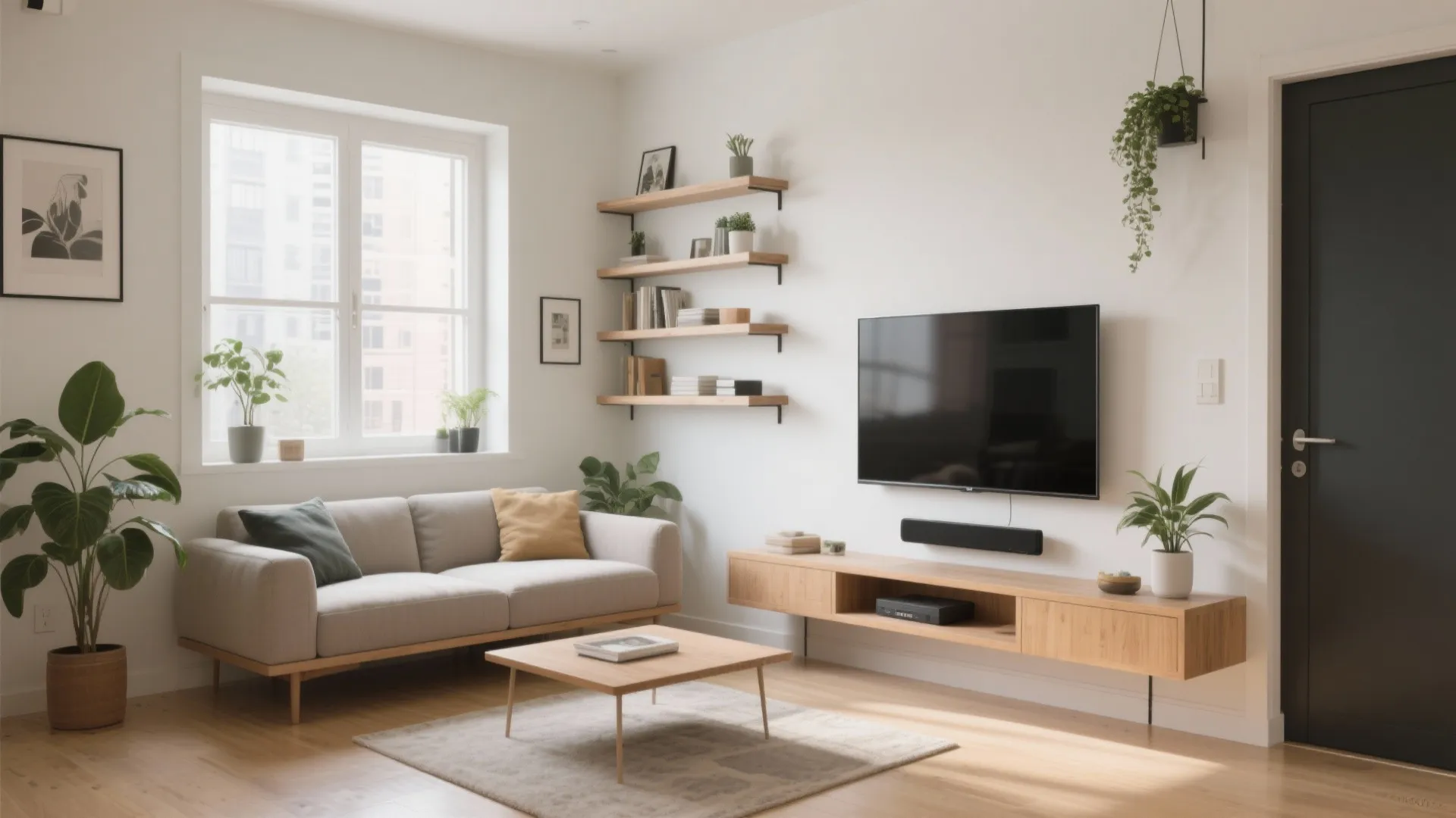 Floating sofa frames a slim media wall and shallow shelving to maximize storage.