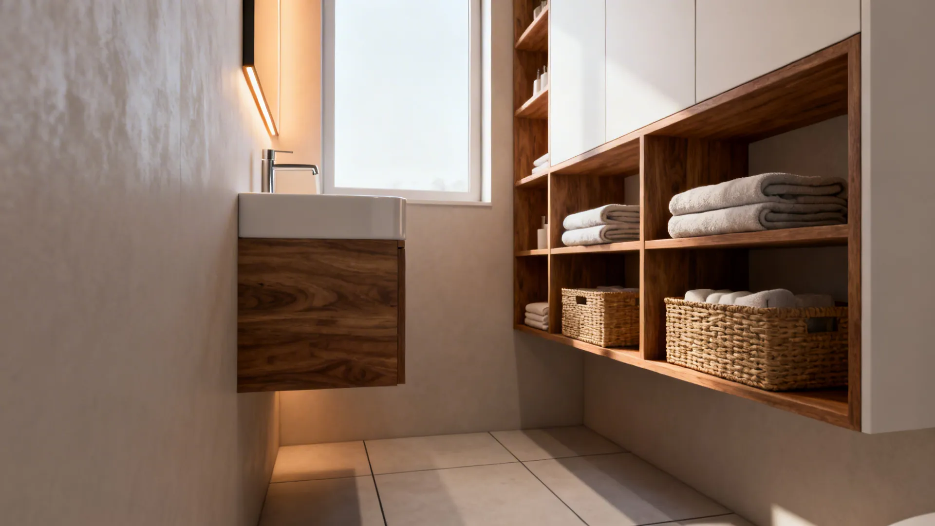 Floating vanity and open wooden shelves with baskets in a small bathroom for a taller, airy feel.