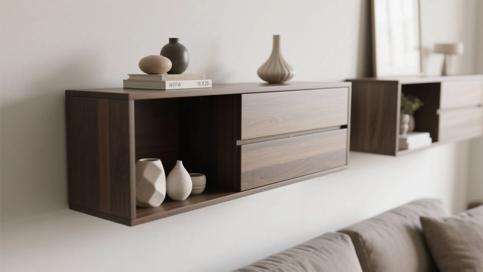 Dark wood wall cabinet with drawers holding small white vases and books above a grey sofa