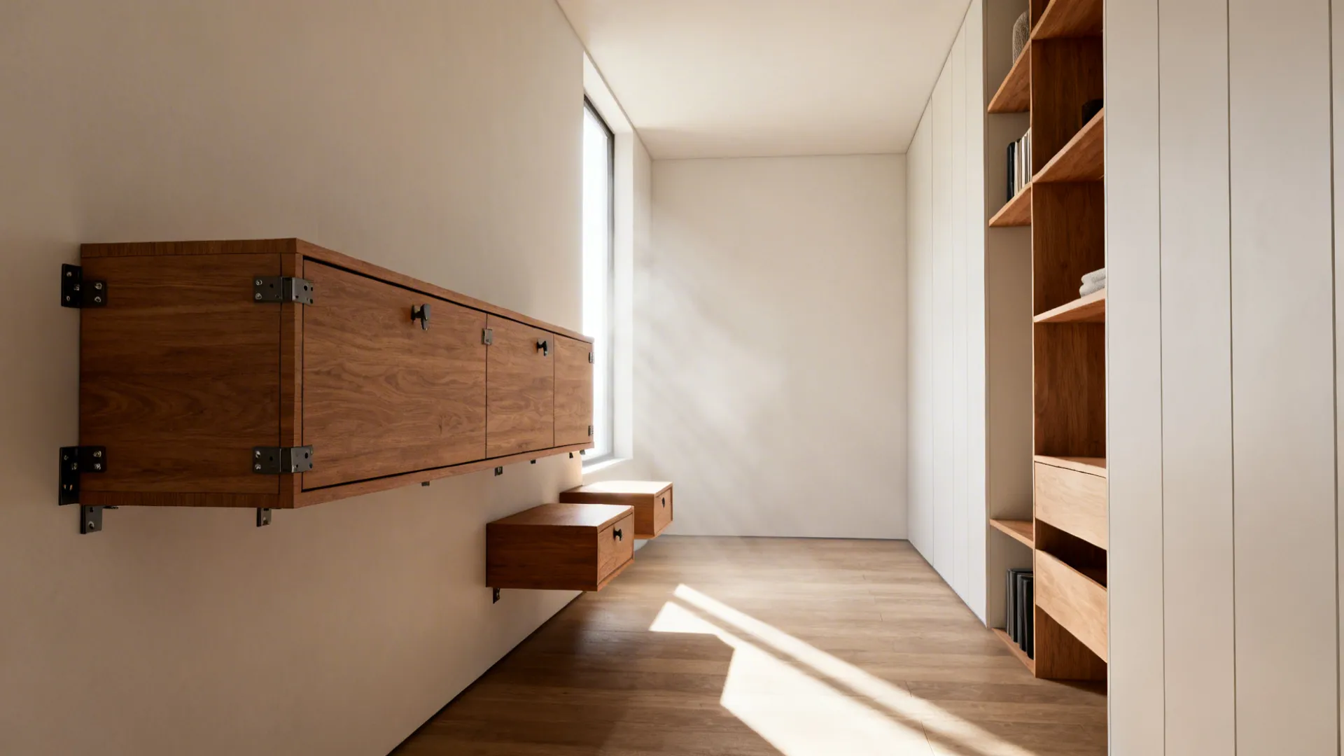 Narrow master bedroom with floating nightstands, wall-mounted dresser and shelves, bright and airy.