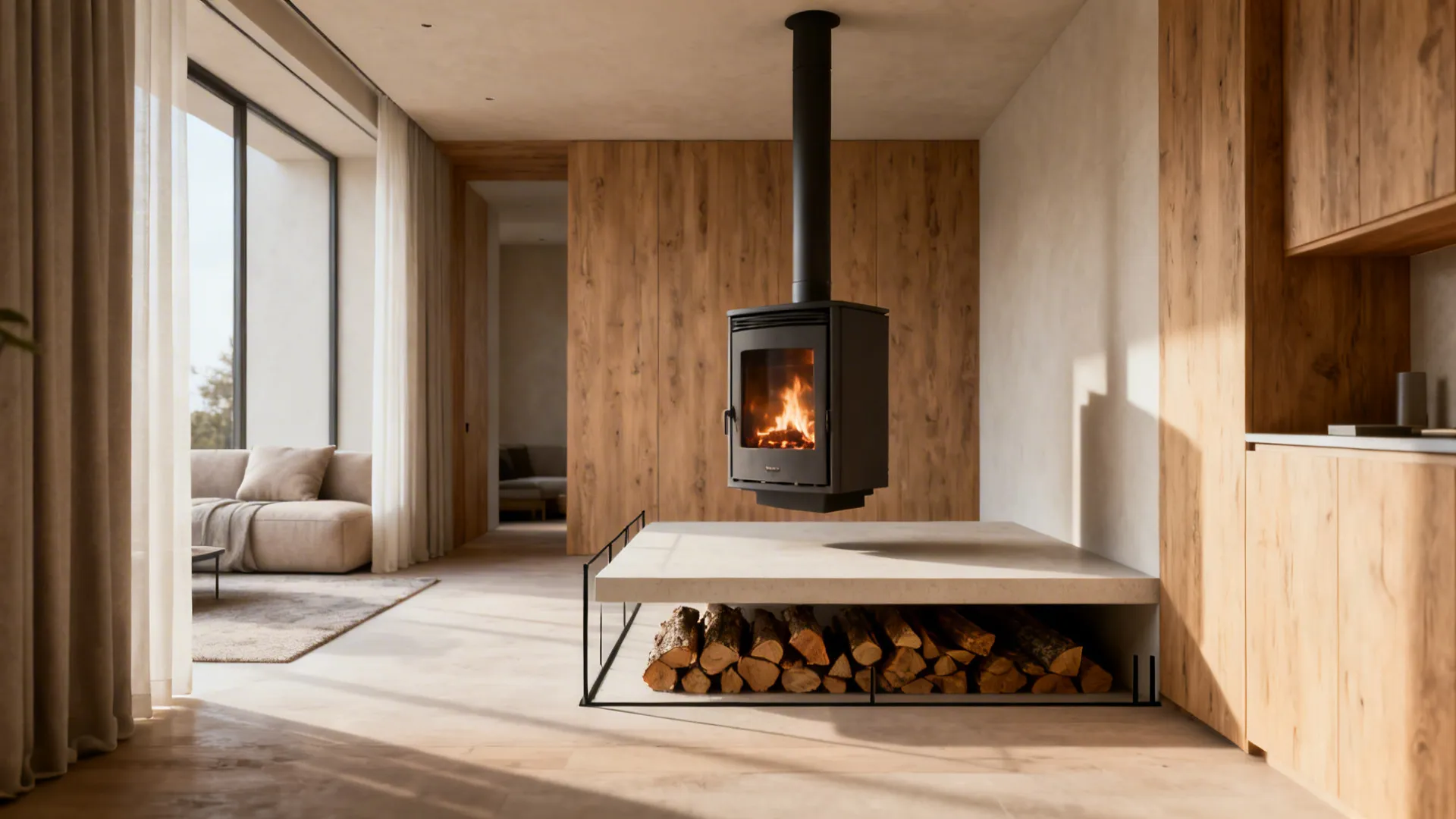 2. Floating stove on a raised plinth