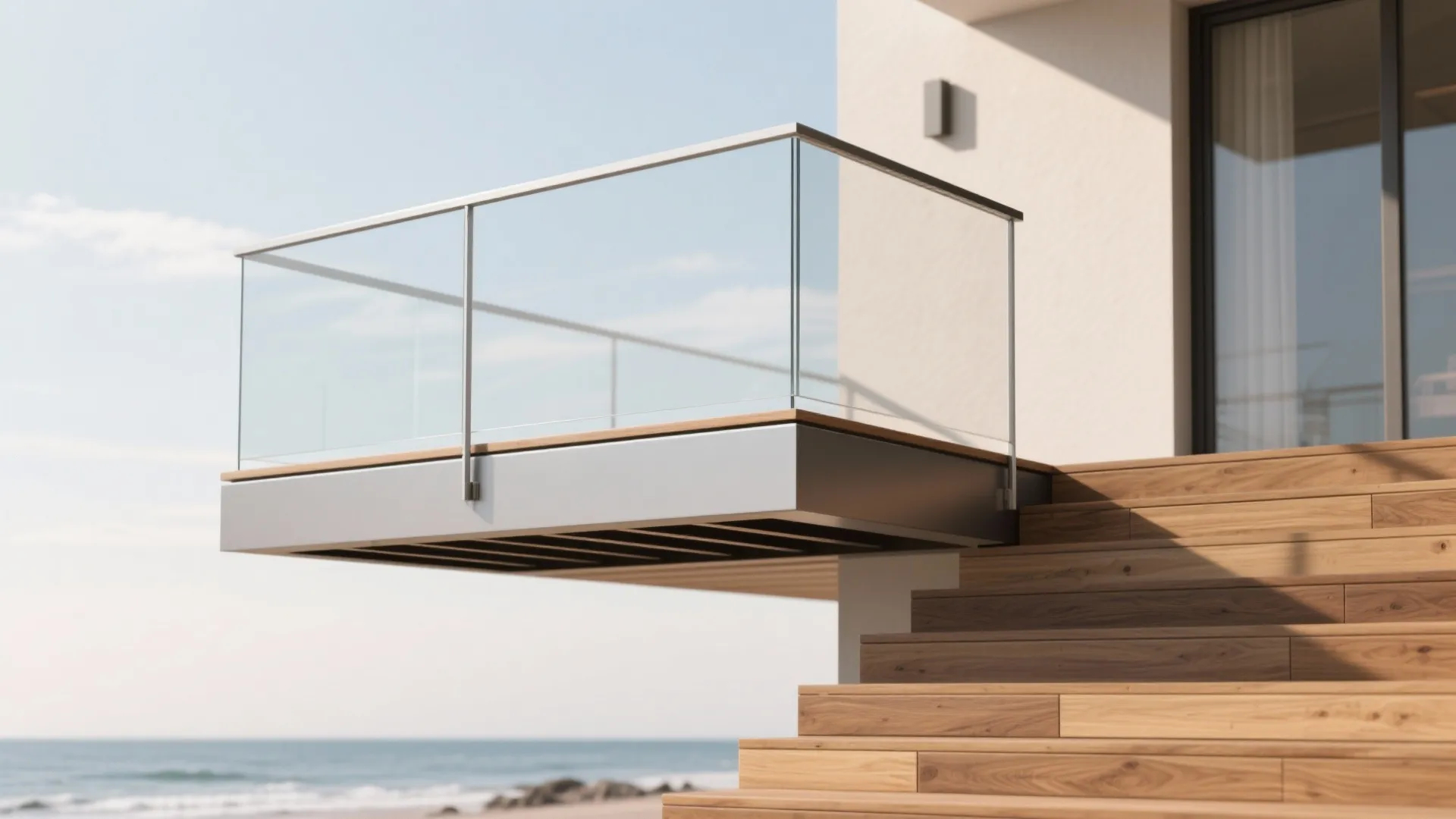 Modern balcony with glass railing and wooden steps overlooking the blue ocean on a sunny day