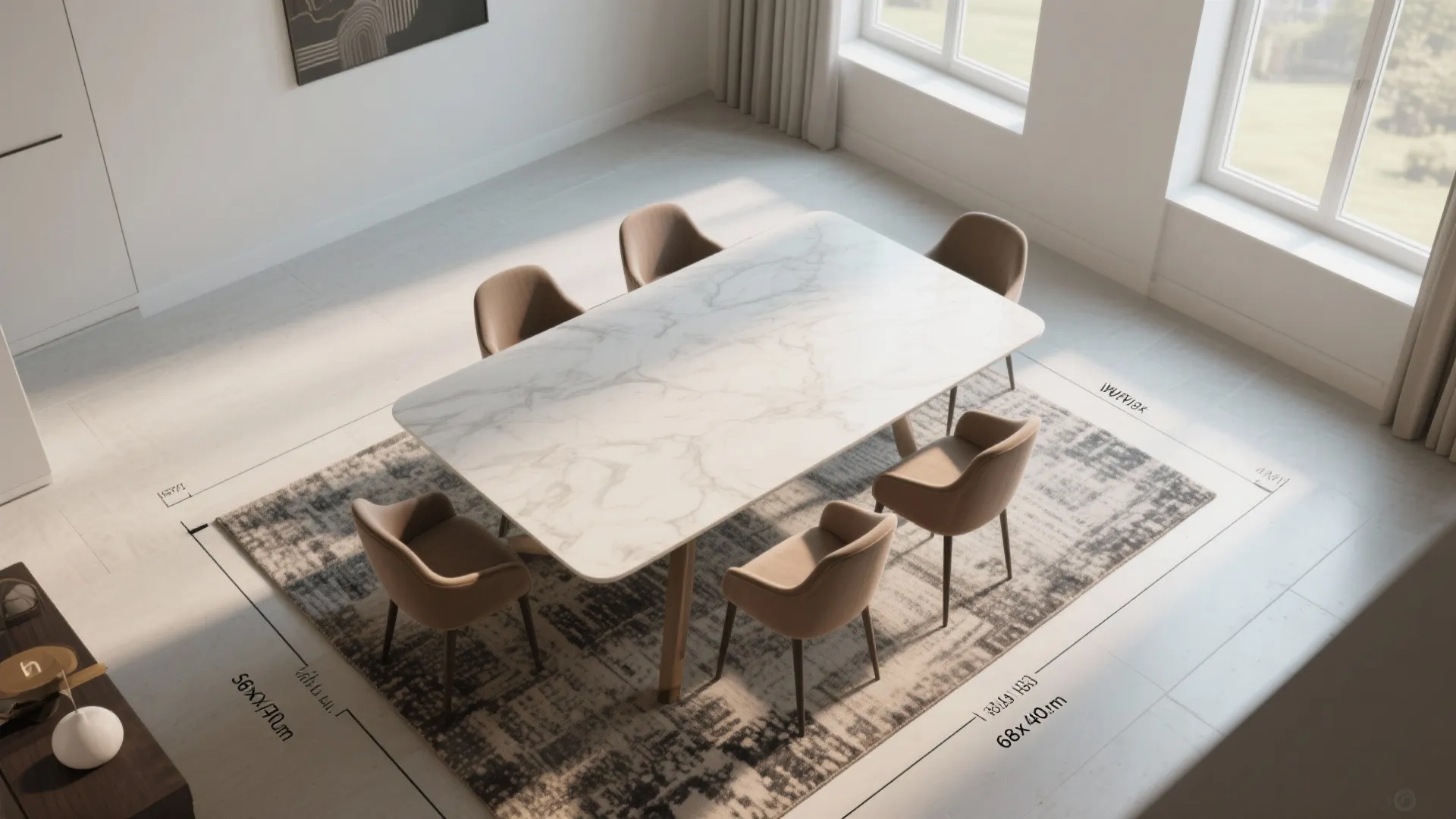 Top view of marble dining table with six chairs and rug showing room layout dimension labels