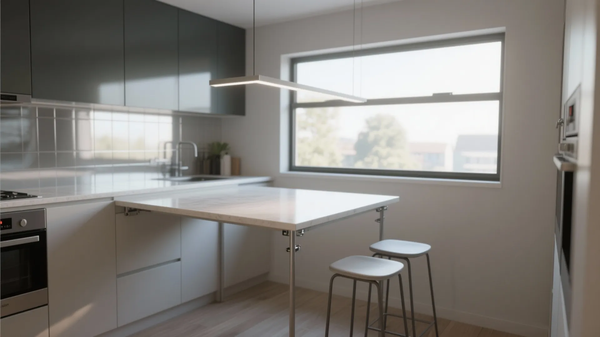 Modern white kitchen with marble dining table two stools linear ceiling light and large window