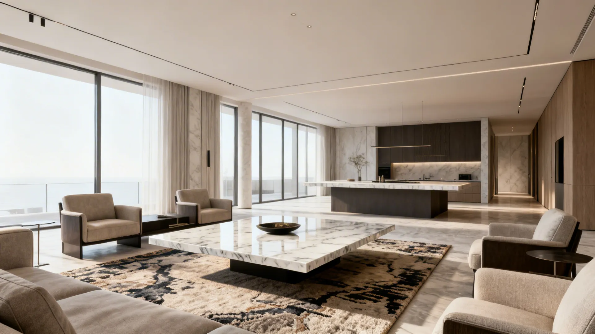 Spacious living room with a floating coffee table and ample clearance on all sides showcasing a lounge-like island.