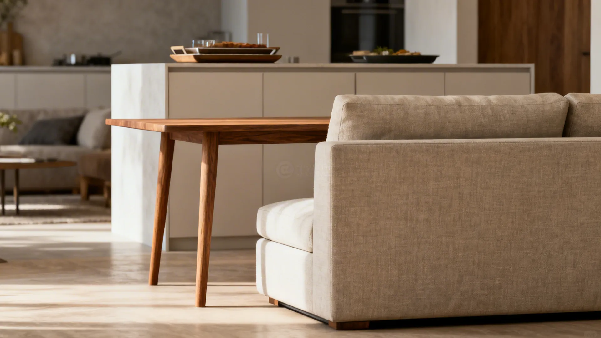 Close up of beige sofa and wooden dining table with white kitchen island in background