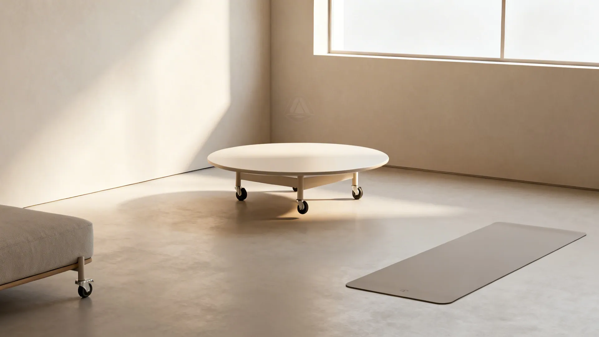 Lightweight round coffee table on casters being moved away in a small studio to clear floor space.