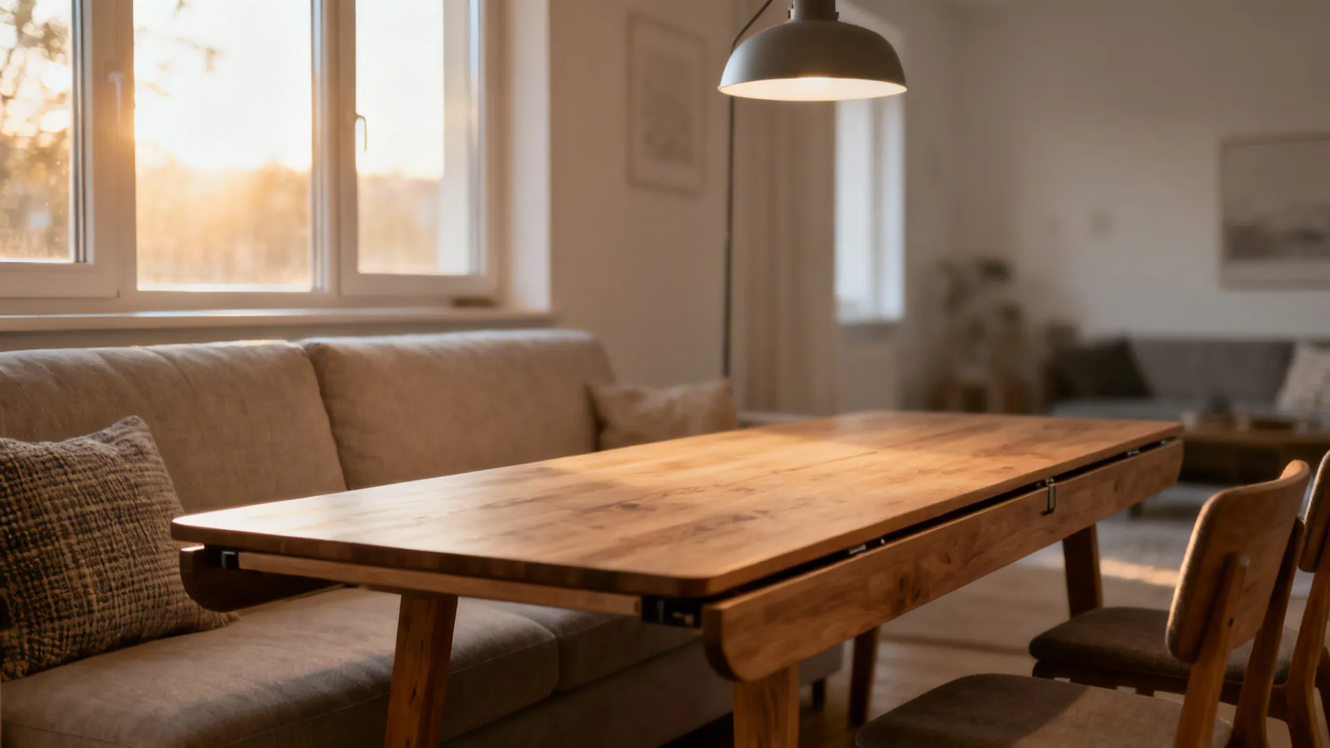 Narrow dining table parallel to sofa creating a continuous social zone