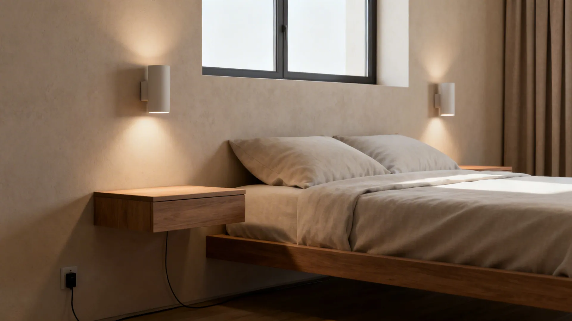 Minimalist bedroom with floating wooden bedside table white wall light beige bedding and a large window