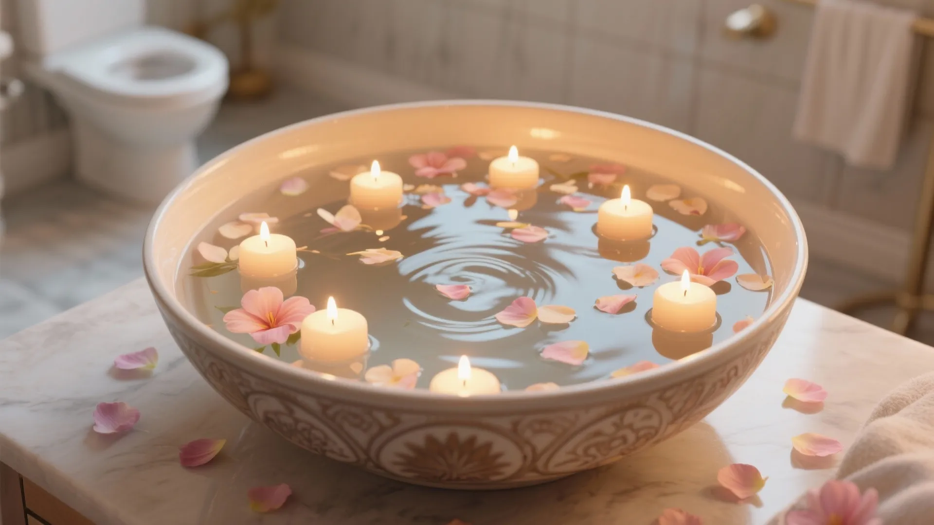 Large white ceramic bowl containing water floating lit tea light candles and pink flower petals