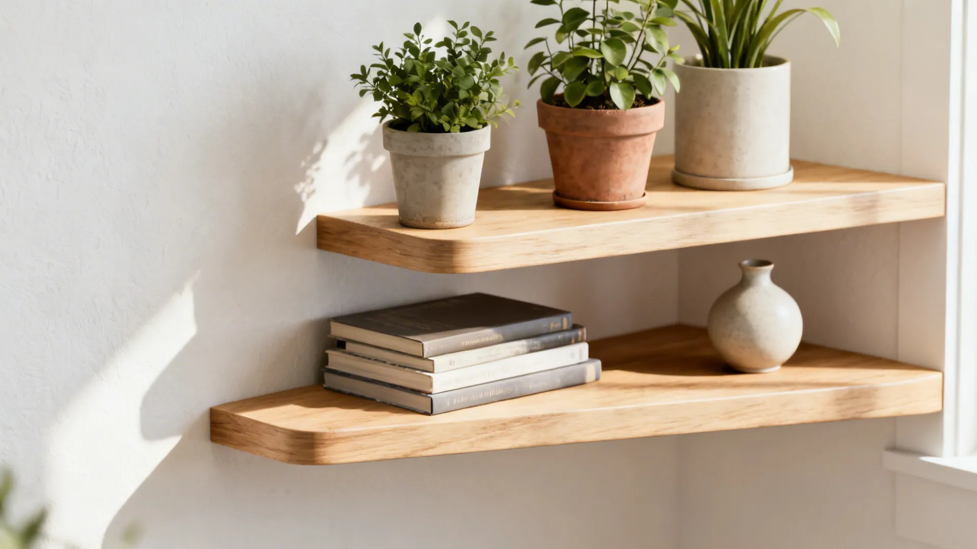 Floating tiered corner shelf with staggered wood shelves holding plants and books.