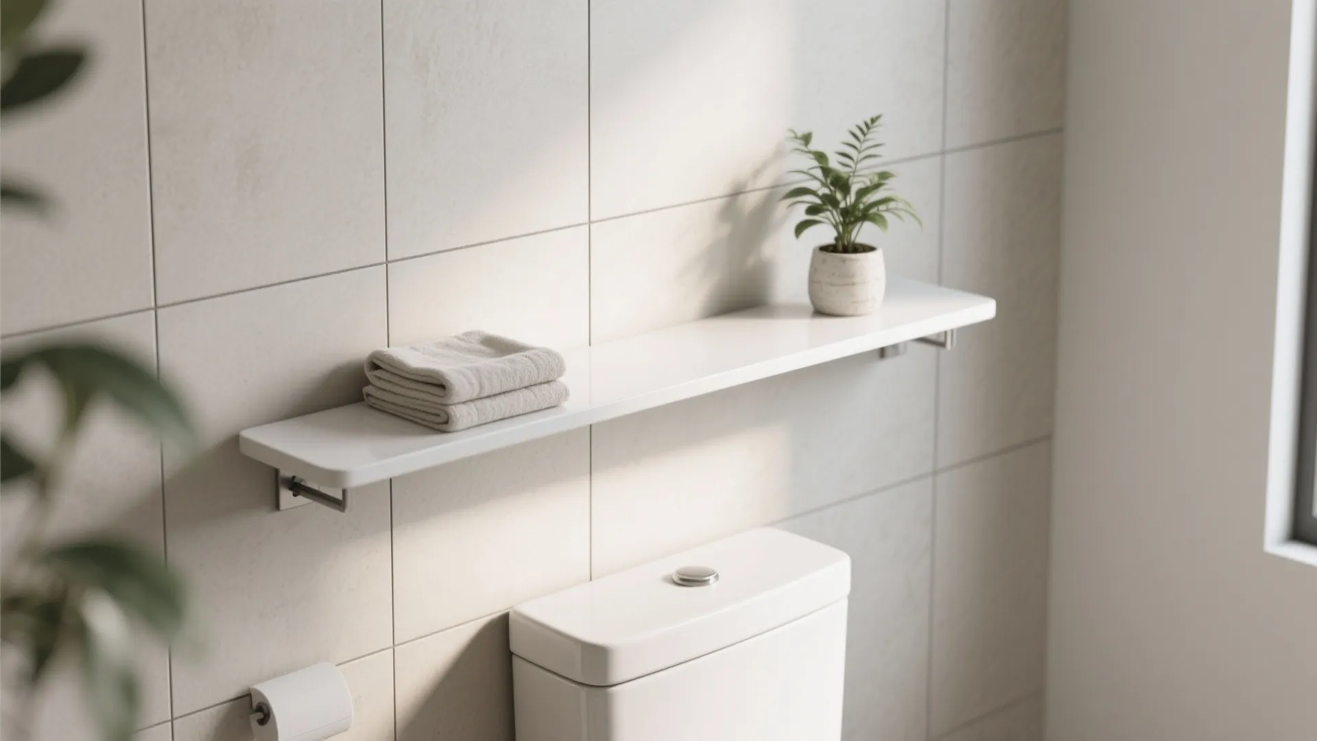 White shelf above a toilet with a folded towel and a small green potted plant