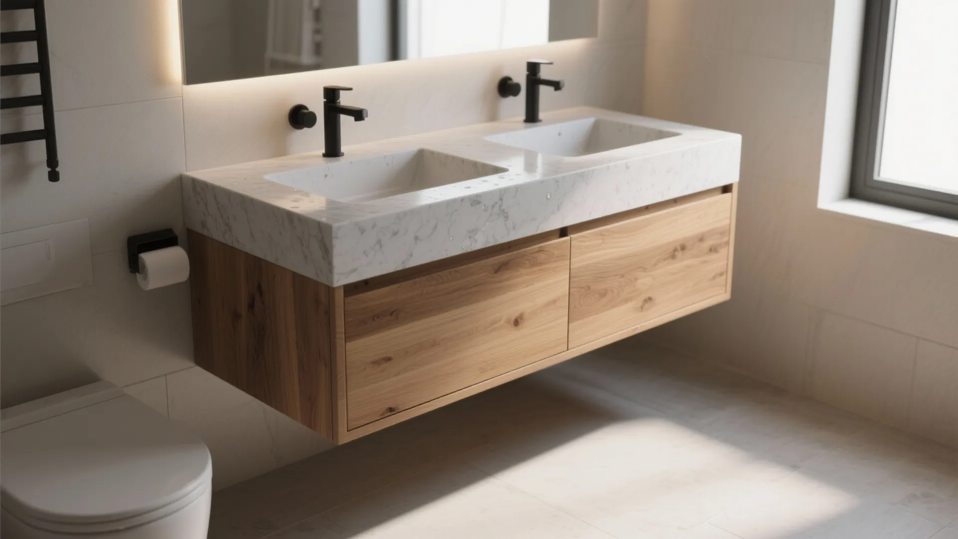 Modern bathroom featuring a floating wooden cabinet with double white sinks and two black faucets